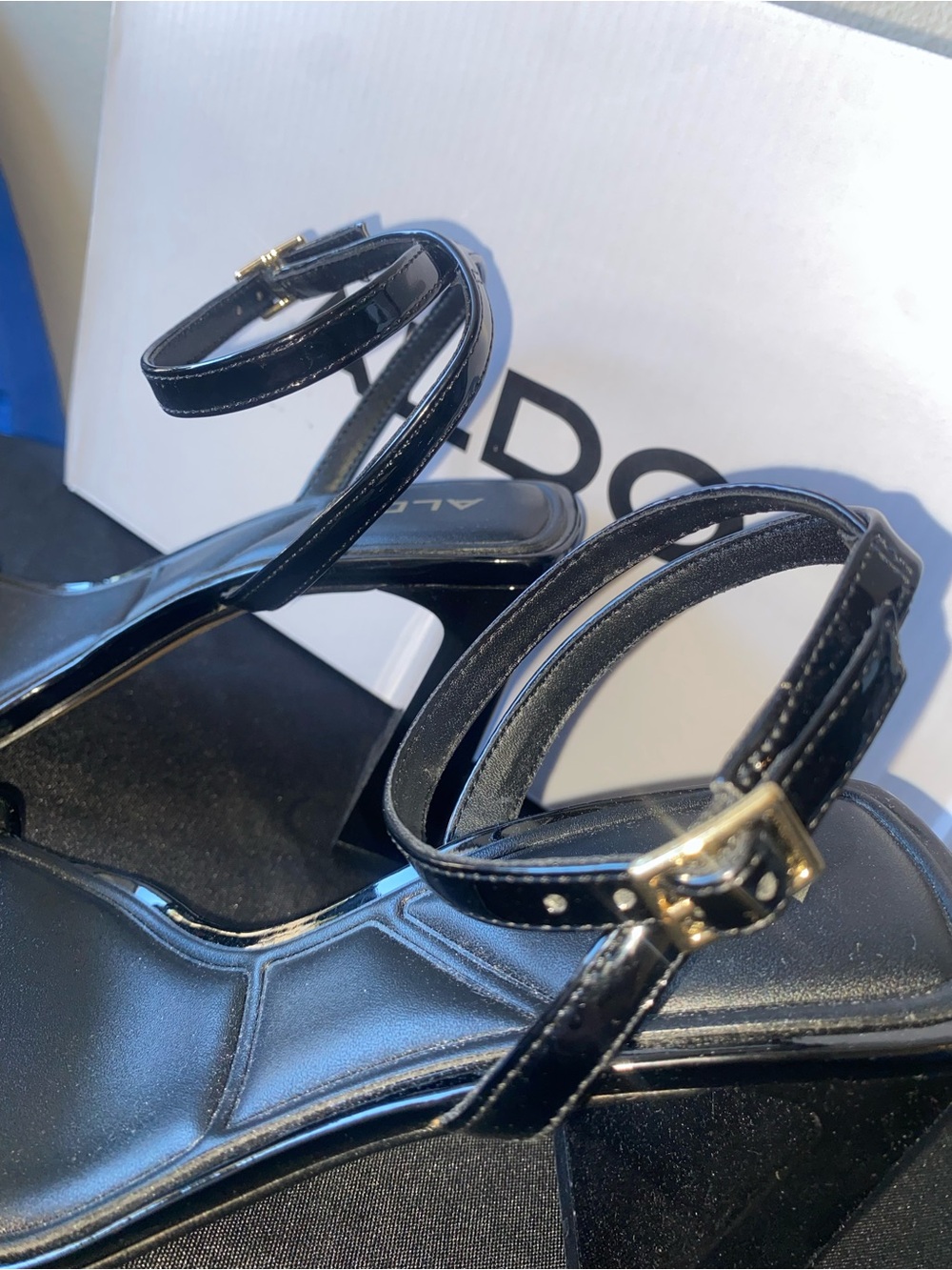 ALDO Black Patent Square Block Heel Sandals with Ankle Strap BRAND NEW - Picture 5 of 9